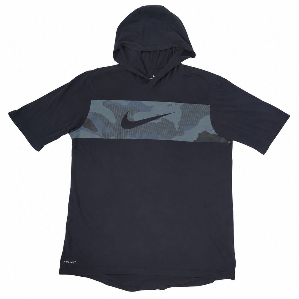 Nike Men's Large Dri-FIT Short Sleeve Hooded T-Shirt Navy Blue Camo Swoosh